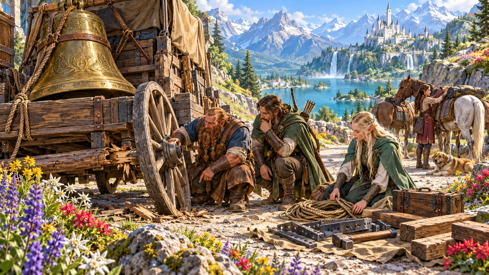 Adventurers inspect a cracked wagon wheel beside a bell-laden cart on a mountain road.