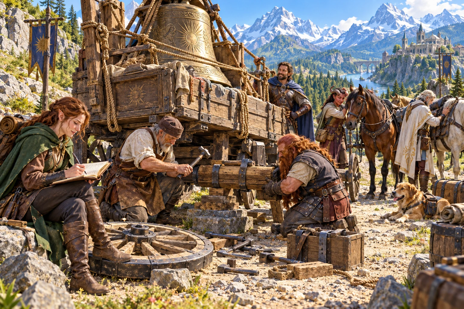 Craftspeople repair the wagon beside tools and replacement materials while companions record and review the work.