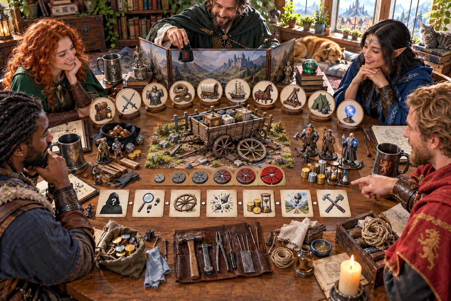Companions review equipment types, warning signs, costs and repair choices around a miniature wagon at a campaign table.